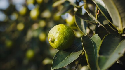 A single lime fruit resting on a tree branch, surrounded by green leaves
