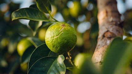 Lime hanging on a tree branch, sunlit leaves, close-up view