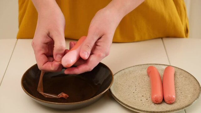 Person peeling plastic casing from pink sausage over brown bowl, with two unpeeled sausages on ceramic plate. Kitchen preparation scene. Food preparation and cooking process concept. Close-up view