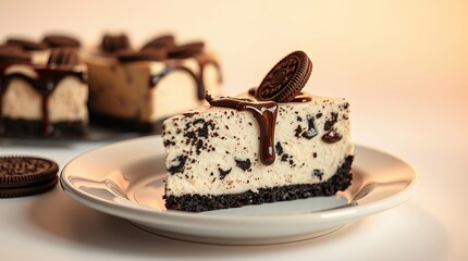 Oreo cheesecake slice chocolate drizzle cookie topping plate dessert.