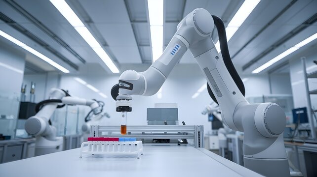 Robotic arms perform a laboratory task with precision in a research facility, with a sense of technological advancement and innovation.