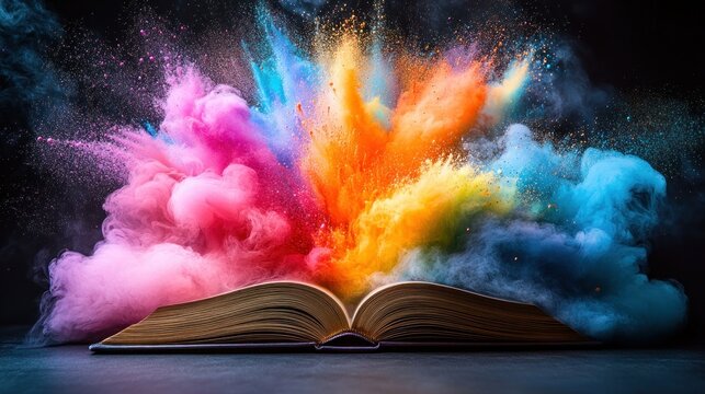 Open book exploding with vibrant colors