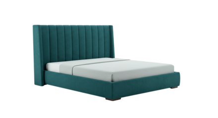 A teal upholstered bed with a tall headboard and white sheets on a black background in a studio shot