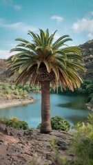 Fototapeta premium A captivating shot of a majestic palm tree standing tall by the water's edge, under a bright blue sky
