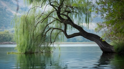A serene landscape of a weeping willow tree gracefully hanging over a calm lake, the tree's branches cascading down into the water