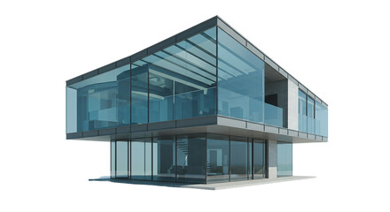 A modern house with glass walls and a flat roof on a black background showcasing architectural design
