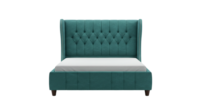A teal upholstered bed with a tall headboard and a white mattress against a black background space - Powered by Adobe