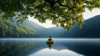 Serene Buddha Statues in Dhyana Mudra Beneath Misty Bodhi Trees at Dawn, Surrounded by Lotus Flowers and Calm Water Reflections