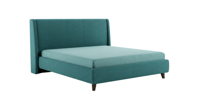 A teal upholstered bed with a headboard and a light teal sheet on the mattress against black background
