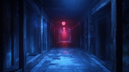 Dim, moonlit magical hallway with faint glowing symbols etched into the walls, eerie silence, anime style, nighttime 