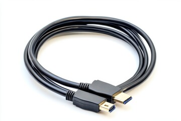 A black hdmi cable coiled isolated on white background