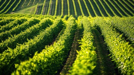 Fototapeta premium Vineyard rows sunlit hillside summer agriculture