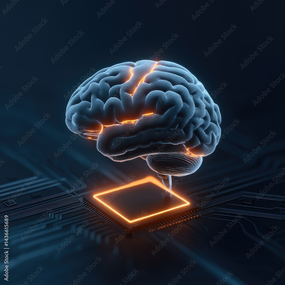 Poster conceptual 3d rendering of translucent brain with orange pathways above glowing orange chip on blue 