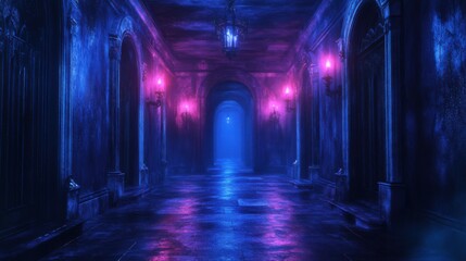 Dim, moonlit magical hallway with faint glowing symbols etched into the walls, eerie silence, anime style, nighttime 