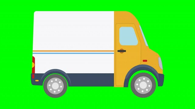 Yellow delivery van illustration. green background 4k animation video