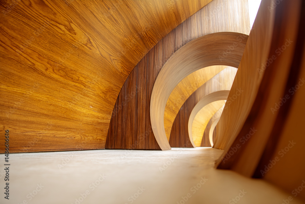 Poster Abstract image of curved wooden panels creating an architectural tunnel effect, showcasing design and structure, suggesting movement and depth