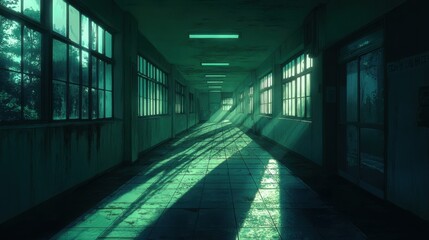 Dim, moonlit magical hallway with faint glowing symbols etched into the walls, eerie silence, anime style, nighttime 