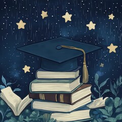 Naklejka premium Graduation caps, diplomas, books, knowledge signs, perfect for invitations, posters, party decor, stock photos, printables, Etsy, education ads, and announcements 