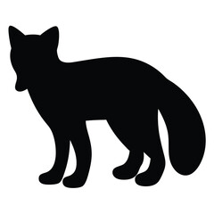 A solid black silhouette of a fox standing alert on a white background