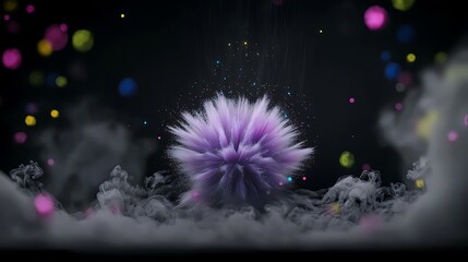 Vibrant purple explosion amidst colorful particles and smoke in a dark background