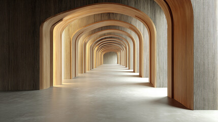 Naklejka premium Long corridor with wooden arches and gray walls, creating a perspective and spacious feel, showcasing architectural design, ideal for interior design or architectural visualization
