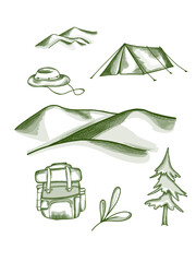 Camping illustration. Mountains. Travel. Line artwork