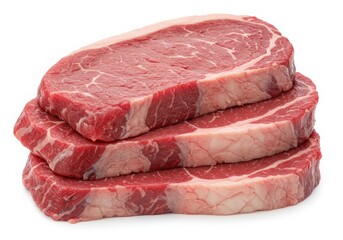 Stack of raw steaks isolated on white background