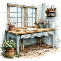 Sunlit artist"s workspace with brushes, wooden table, open sketchbook, and potted flowers in a cozy, rustic studio.