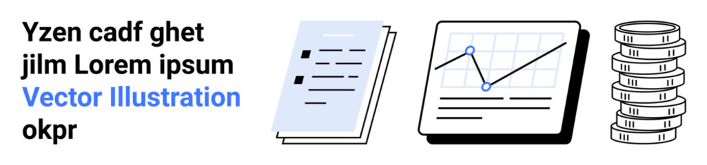 Documents, financial growth chart, and stacked coins representing business analytics, financial management, and data organization. Ideal for business report, finance, investment, and accounting