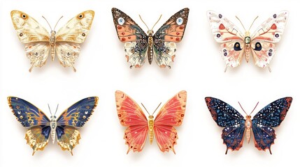 Group of Colorful Butterfly Illustrations Isolated on White for Print or Decor