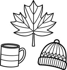 Cozy Autumn Illustration with Leaf, Coffee, and Knitted Hat in Black and White