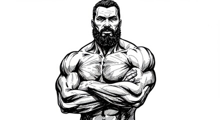 Obraz premium Illustration of a muscular man with a beard and his arms crossed over his chest in black and white