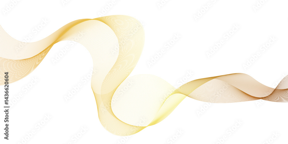 Poster abstract technology and science concept flowing golden wave, curved lines on transparent background.