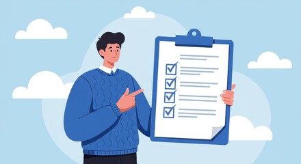 Man pointing at clipboard with checklist against a blue sky with white clouds illustration