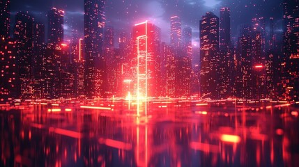 Fototapeta premium Futuristic Cityscape with Glowing Red and Yellow Lights Reflecting on Water