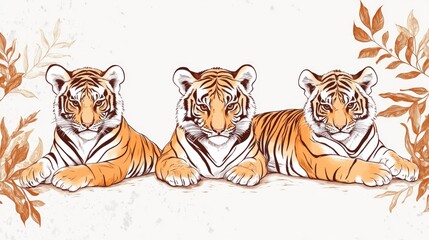 Three tiger cubs resting amidst foliage; nature, wildlife, cute, animals