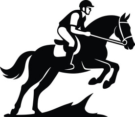 Equestrian Silhouette Jockey and Horse in a Dramatic Jump Dramatic Horse Jump Silhouette, Jockey Horse Action Silhouette Black,