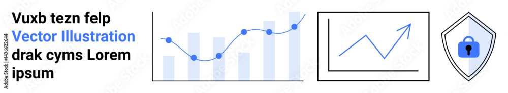 Poster line and bar graphs with data points, upward trends, and a secure shield icon. ideal for analytics, 
