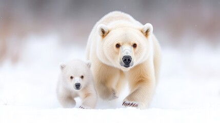 Fototapeta premium Polar bear mother and cub in snowy landscape