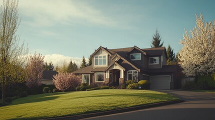 Suburban house, spring blossoms, sunset, residential street, real estate