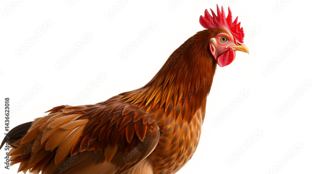 Poster close up view of a brown hen with a red comb and wattle against a white background in a studio shot 