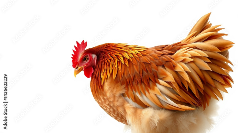 Poster close up of a chicken with brown and orange feathers and a red comb on a white background image crea