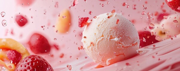National ice cream day with strawberry sweet idea. Delicious strawberry ice cream scoop with fruits in a splash of pink liquid.