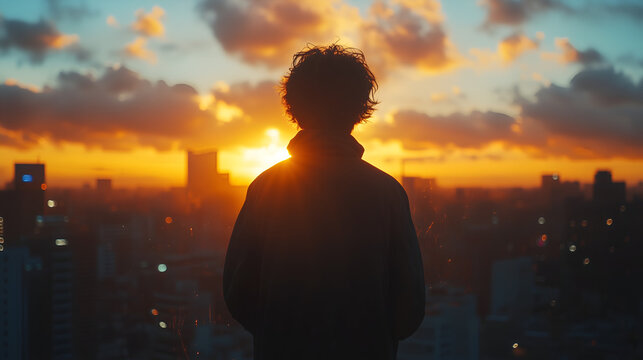 Cinematic silhouette of a young person standing over a glowing urban skyline at sunset, emotional and dreamy atmosphere, modern inspirational cityscape scene