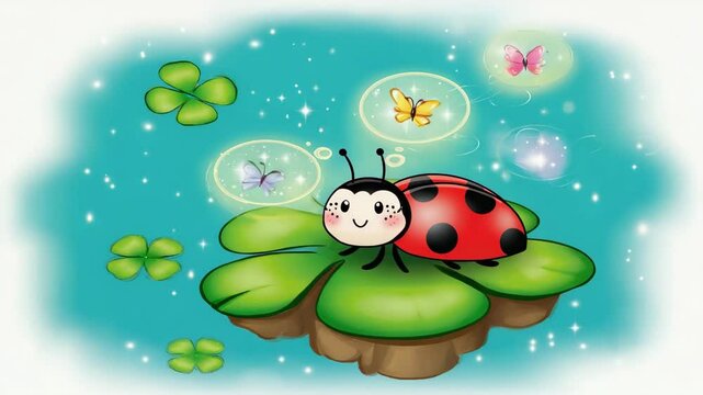 a cute ladybug on a four-leaf clover, dreaming of butterflies. An image that makes viewers smile and feel cheerful