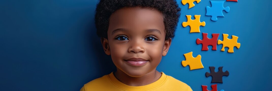 Smiling child with colorful puzzle pieces for Autism Awareness Day - Powered by Adobe