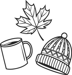 Cozy Autumn Illustration with Leaf, Coffee, and Knitted Hat in Black and White