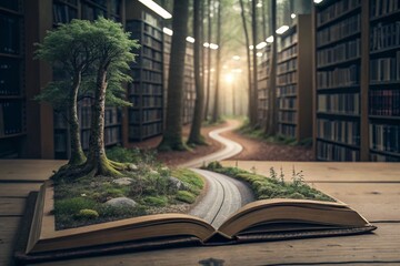Open Book with Miniature Forest and Pathway, Symbolizing Imagination and Adventure in a Library Setting - generated by ai