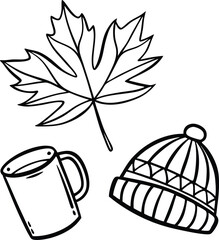 Cozy Autumn Illustration with Leaf, Coffee, and Knitted Hat in Black and White