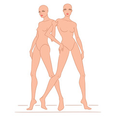 Fototapeta premium Vector illustration of two fashion models in stylish poses, wearing white lingerie. This fashion sketch is ideal for showcasing beauty, elegance, female form, and fashion design concepts.
